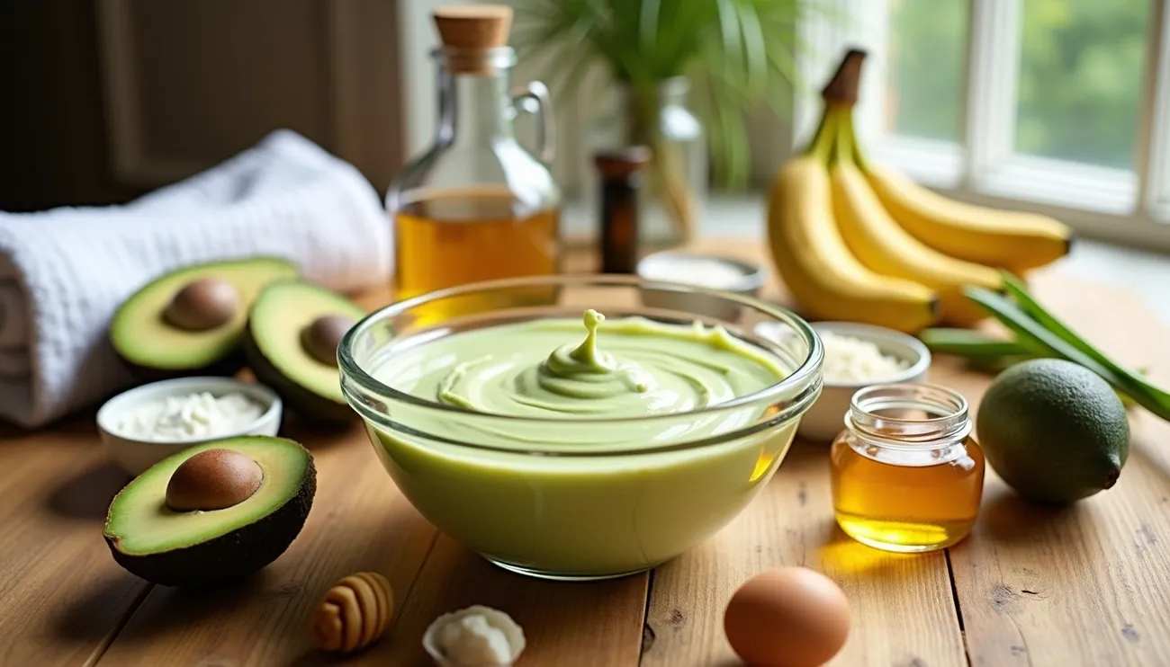 Bowl of creamy green natural hair mask surrounded by avocados, honey, bananas, oil, and eggs on a wooden table.